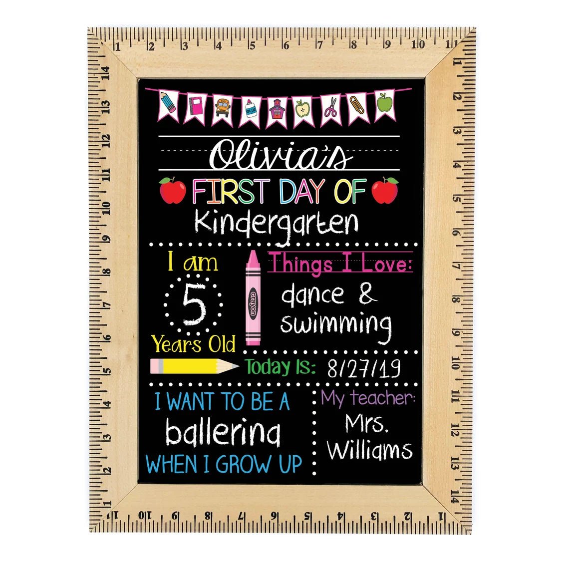 Back to School Chalkboard, First Day of School Sign, Reusable 1st Day Board, Last Day, Kindergarten, First Grade, Preschool, Ruler, BloomOwl - Family Watchs