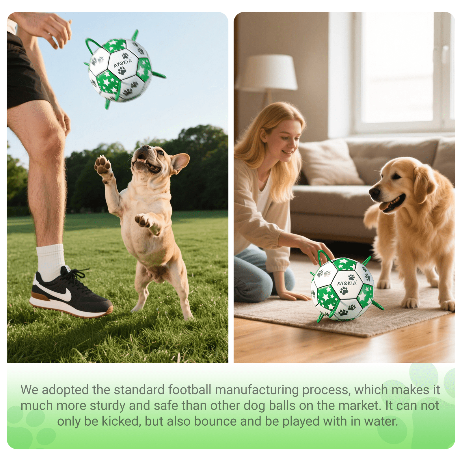 Interactive dog soccer strap, white and green, eye - catching star and paw pattern design, ideal outdoor training pet toy, perfect choice for small, medium and large dogs to play with - Family Watchs