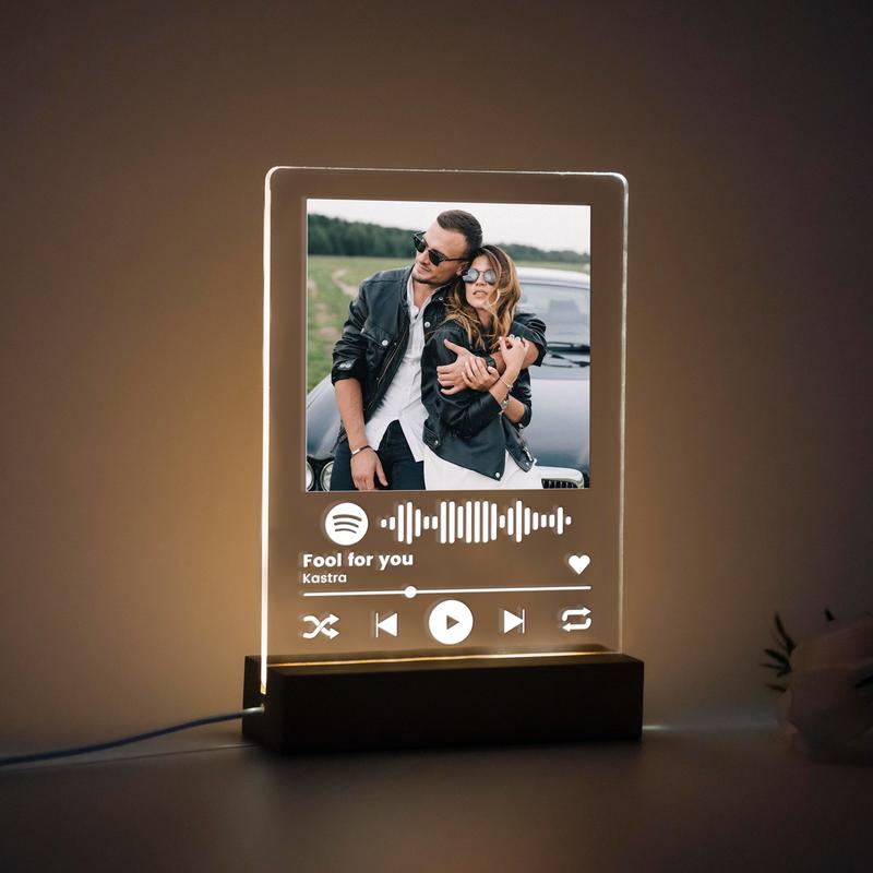 Personalized Acrylic Song Plaque with Wooden Base, Custom Led Light Glass Lamp Gift - Family Watchs