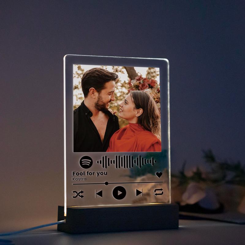 Personalized Acrylic Song Plaque with Wooden Base, Custom Led Light Glass Lamp Gift - Family Watchs