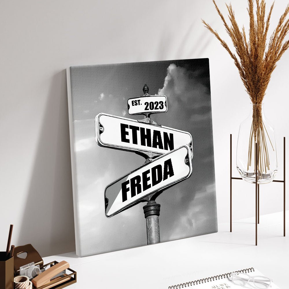 Personalized Name Canvas With Year Date Vintage Crossroad Street Sign Canvas Anniversary Gift For Couples - Family Watchs