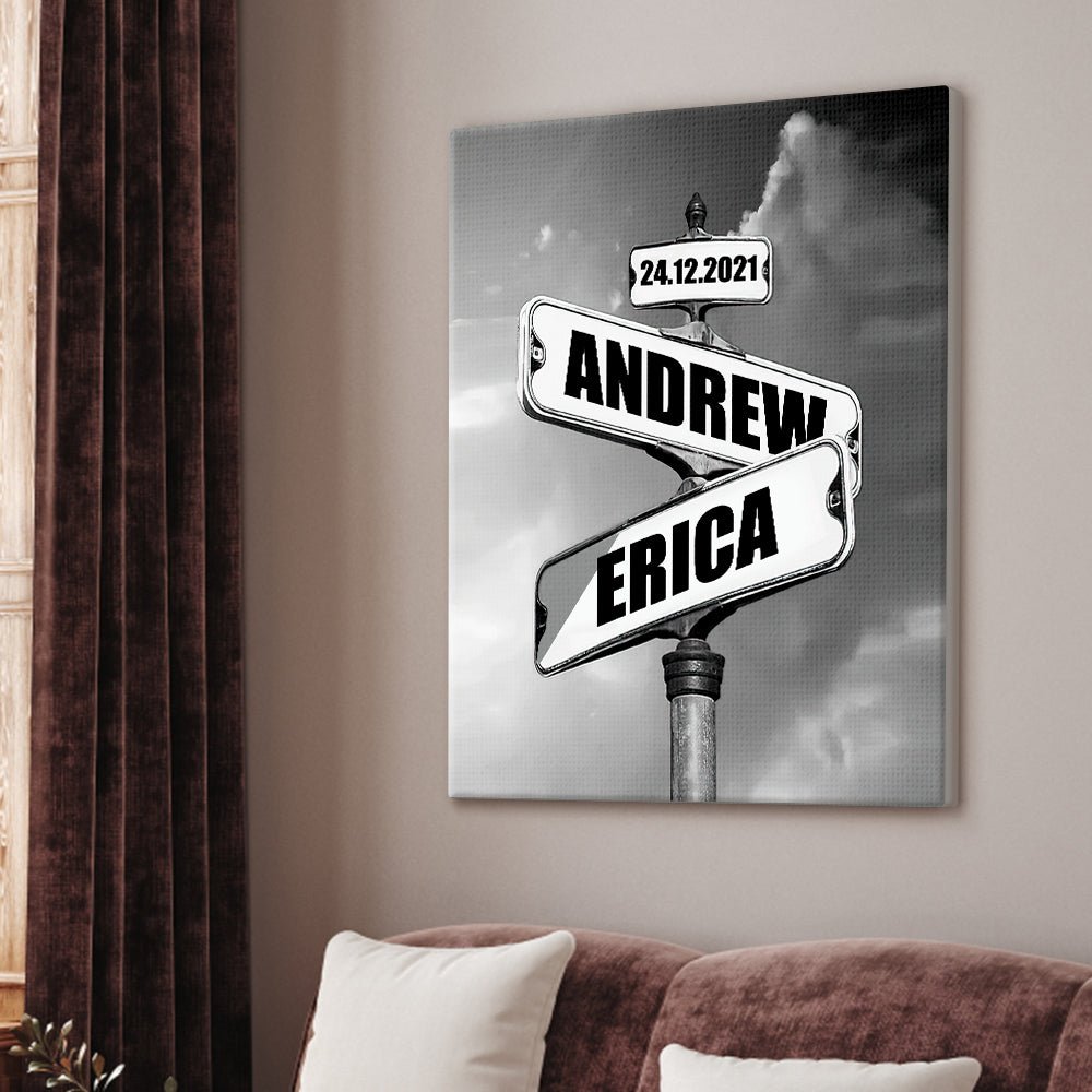 Personalized Name Canvas With Year Date Vintage Crossroad Street Sign Canvas Anniversary Gift For Couples - Family Watchs
