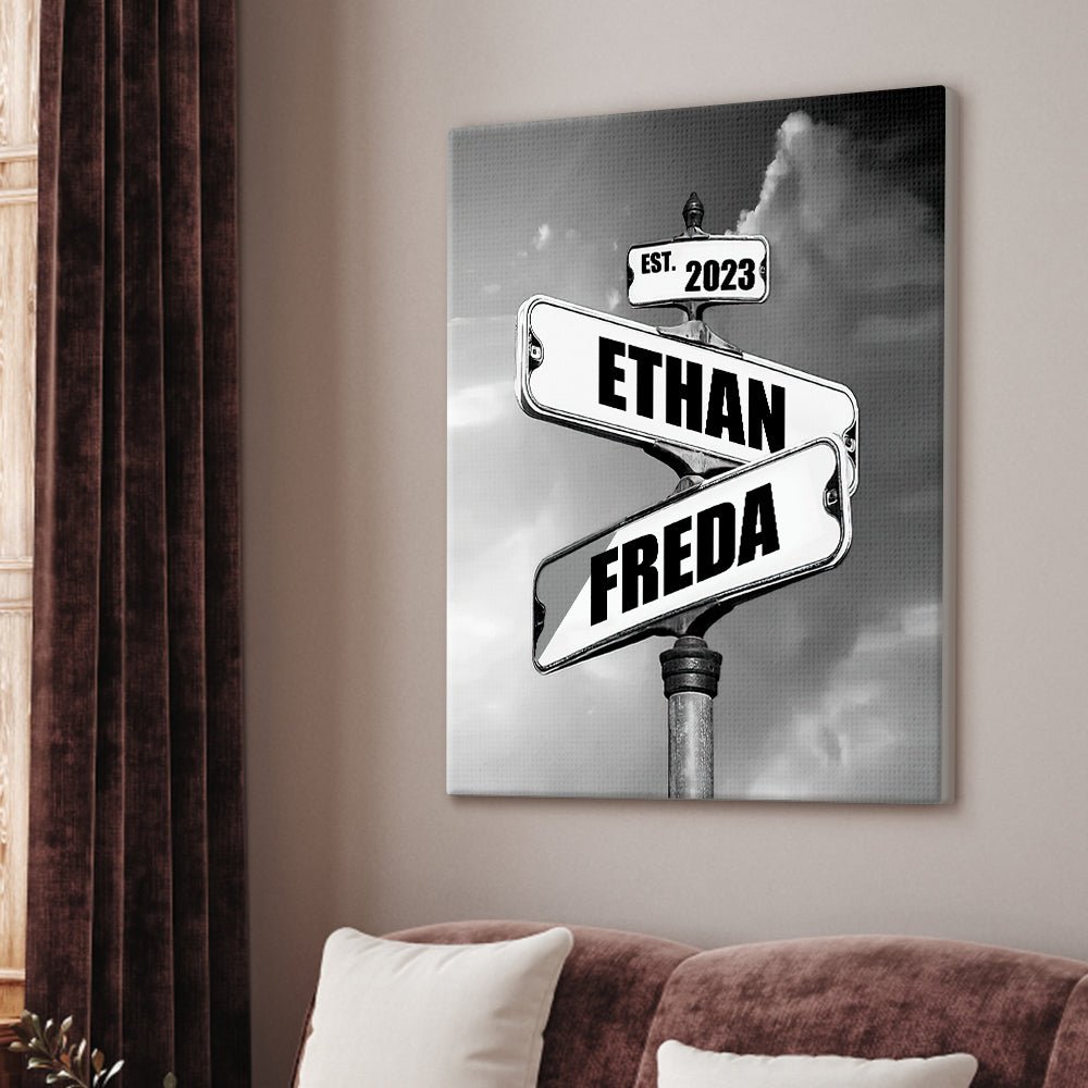 Personalized Name Canvas With Year Date Vintage Crossroad Street Sign Canvas Anniversary Gift For Couples - Family Watchs