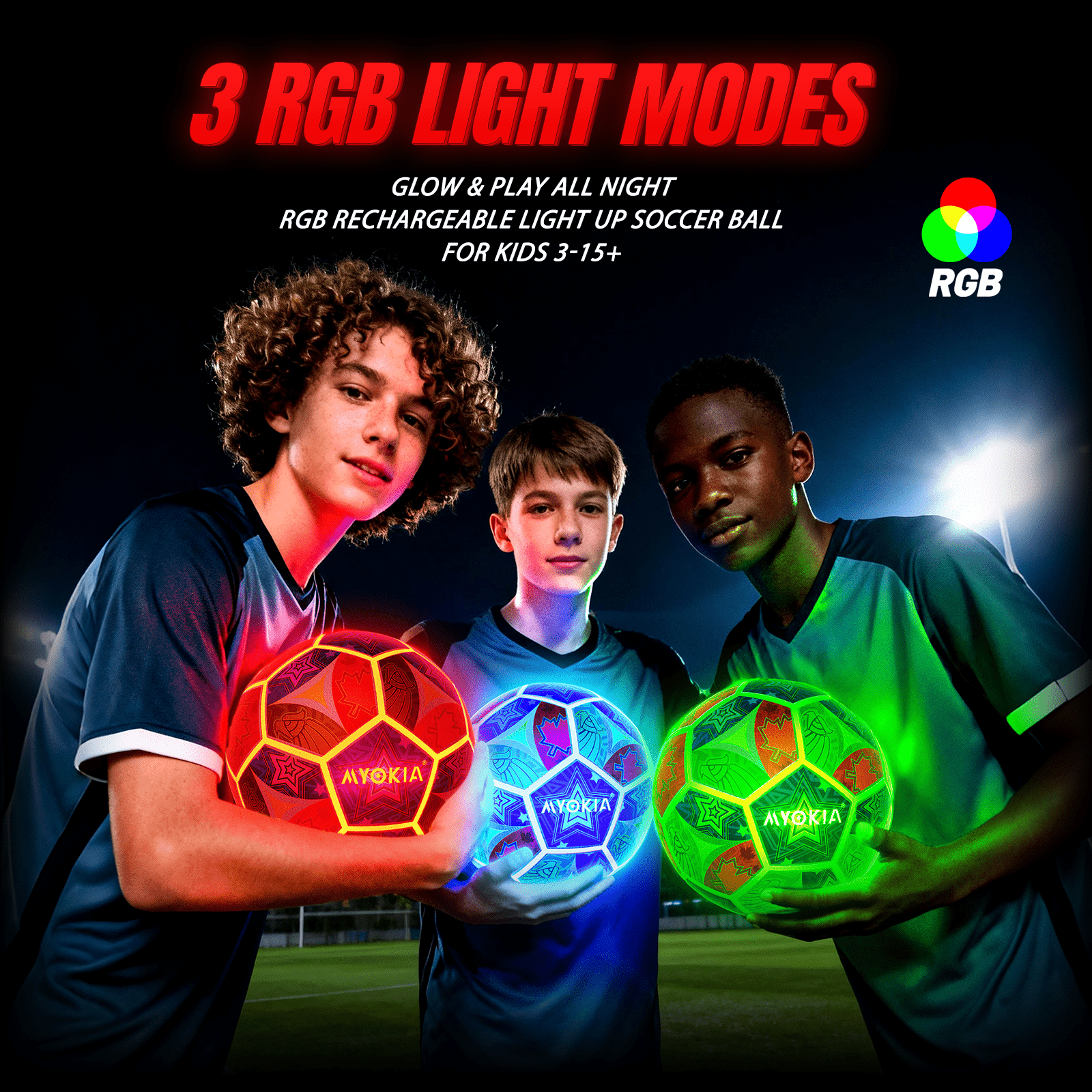 Rechargeable Light Up Soccer Ball Size 5 Tri - Color RGB Glow in The Dark for Kids & Teens 3 - 15+, Indoor/Outdoor Sports Gift with Pump & USB Cable - Perfect for Night Games, Birthdays & Backyard - Family Watchs