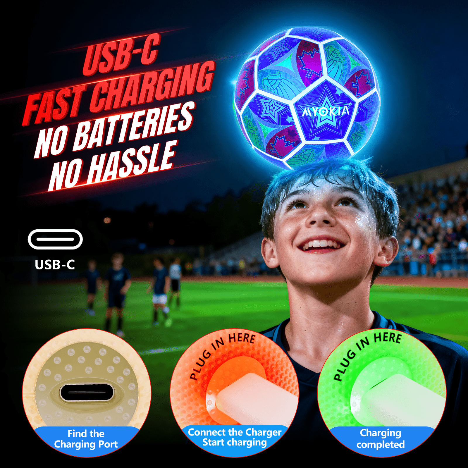 Rechargeable Light Up Soccer Ball Size 5 Tri - Color RGB Glow in The Dark for Kids & Teens 3 - 15+, Indoor/Outdoor Sports Gift with Pump & USB Cable - Perfect for Night Games, Birthdays & Backyard - Family Watchs