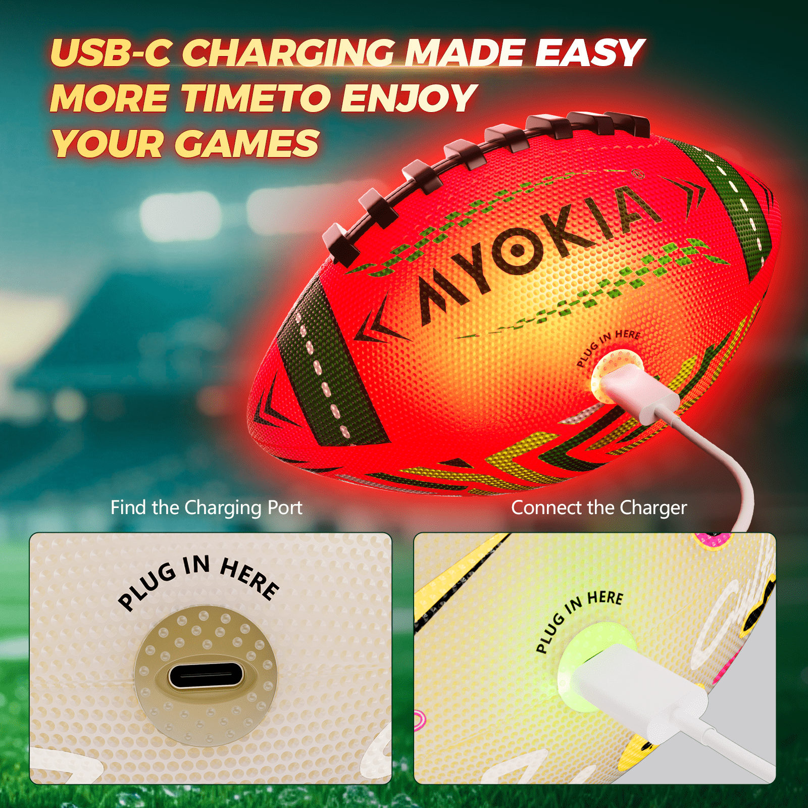 RGB Rechargeable Light Up Football Birthday Gift, Glow in The Dark Football with Pump & USB Cable, Tri - Color (Red, Green, Blue), Size 6, Outdoor Night Games - Family Watchs