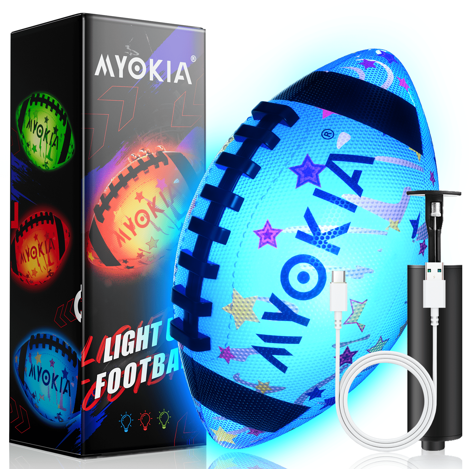 RGB Rechargeable Light Up Football Birthday Gift, Glow in The Dark Football with Pump & USB Cable, Tri - Color (Red, Green, Blue), Size 6, Outdoor Night Games - Family Watchs