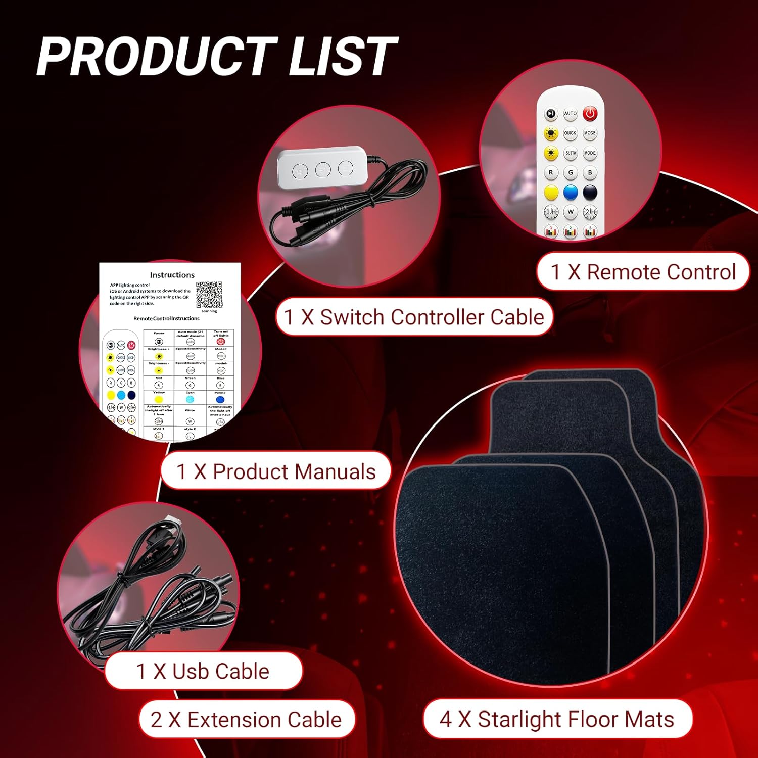 Starlight Car Mat Black Automotive Carpet - – Transform Your Car Interior into a Starry Night Sky - Plug and Play Cigarette Lighter or USB With Music Mode, 100 Colors, App Control, Waterproof - Family Watchs