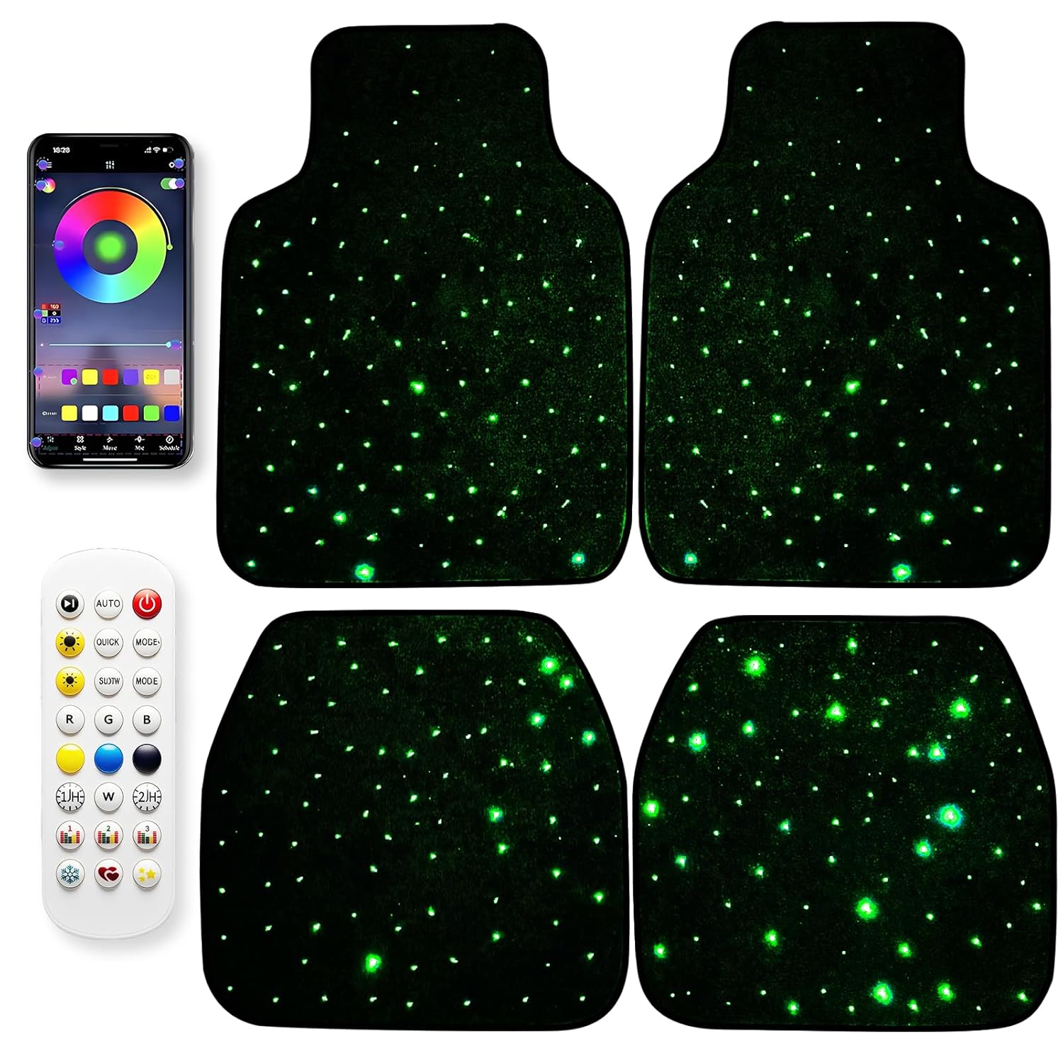 Starlight Car Mat Black Automotive Carpet - – Transform Your Car Interior into a Starry Night Sky - Plug and Play Cigarette Lighter or USB With Music Mode, 100 Colors, App Control, Waterproof - Family Watchs