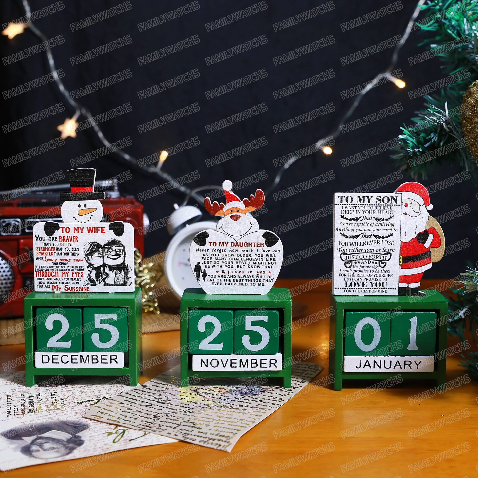 To My Daughter - Christmas Advent Countdown Calendar Number Date Wooden Blocks Tabletop Desk Calendar Decoration for Home Office Decoration - Family Watchs