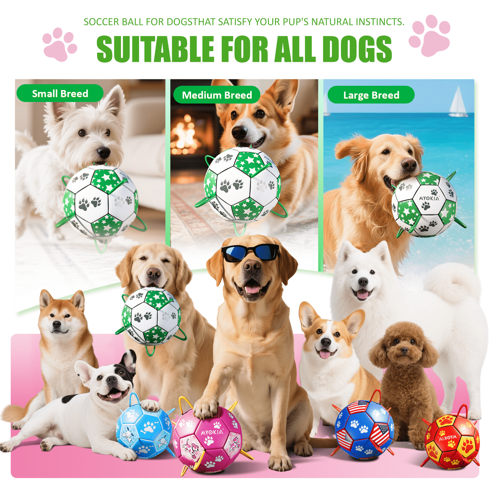 Interactive dog soccer strap, white and green, eye - catching star and paw pattern design, ideal outdoor training pet toy, perfect choice for small, medium and large dogs to play with - Family Watchs