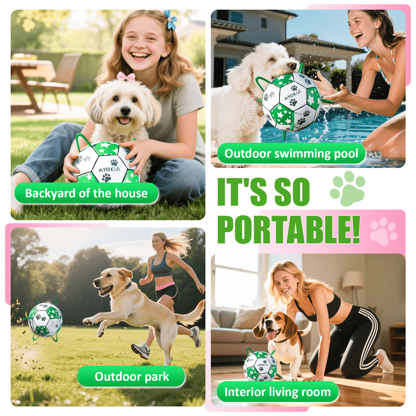 Interactive dog soccer strap, white and green, eye - catching star and paw pattern design, ideal outdoor training pet toy, perfect choice for small, medium and large dogs to play with - Family Watchs