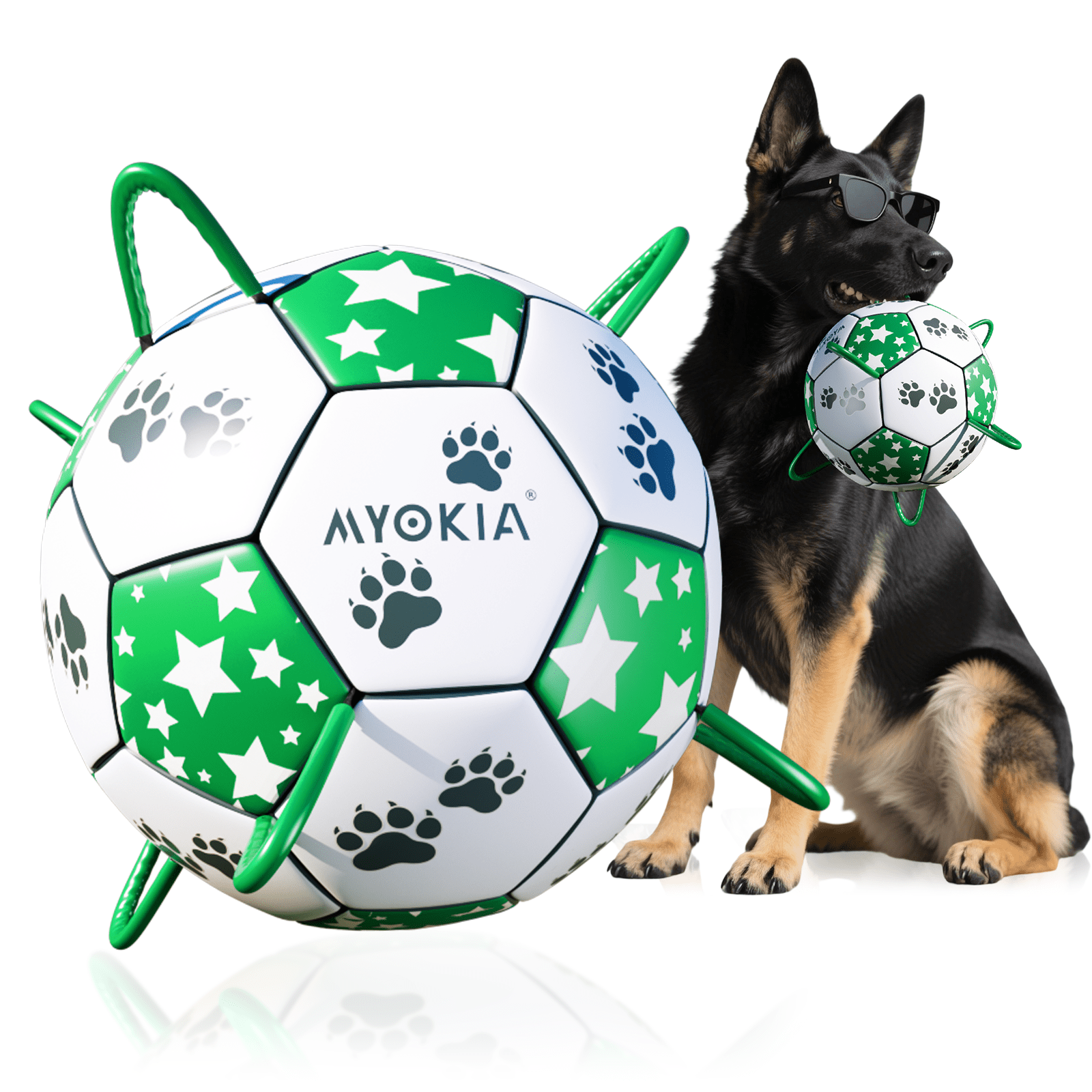 Interactive dog soccer strap, white and green, eye - catching star and paw pattern design, ideal outdoor training pet toy, perfect choice for small, medium and large dogs to play with - Family Watchs