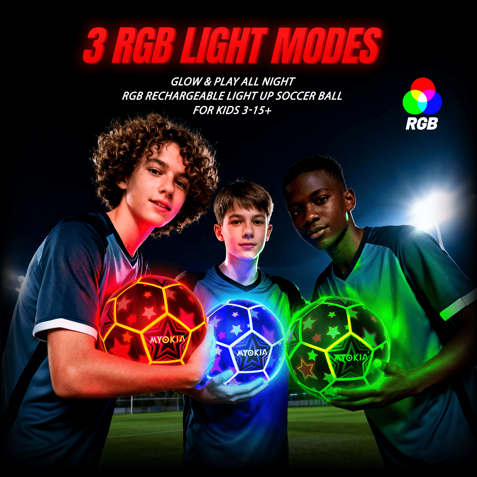 Rechargeable Light Up Soccer Ball Size 5 Tri - Color RGB Glow in The Dark for Kids & Teens 3 - 15+, Indoor/Outdoor Sports Gift with Pump & USB Cable - Perfect for Night Games, Birthdays & Backyard - Family Watchs