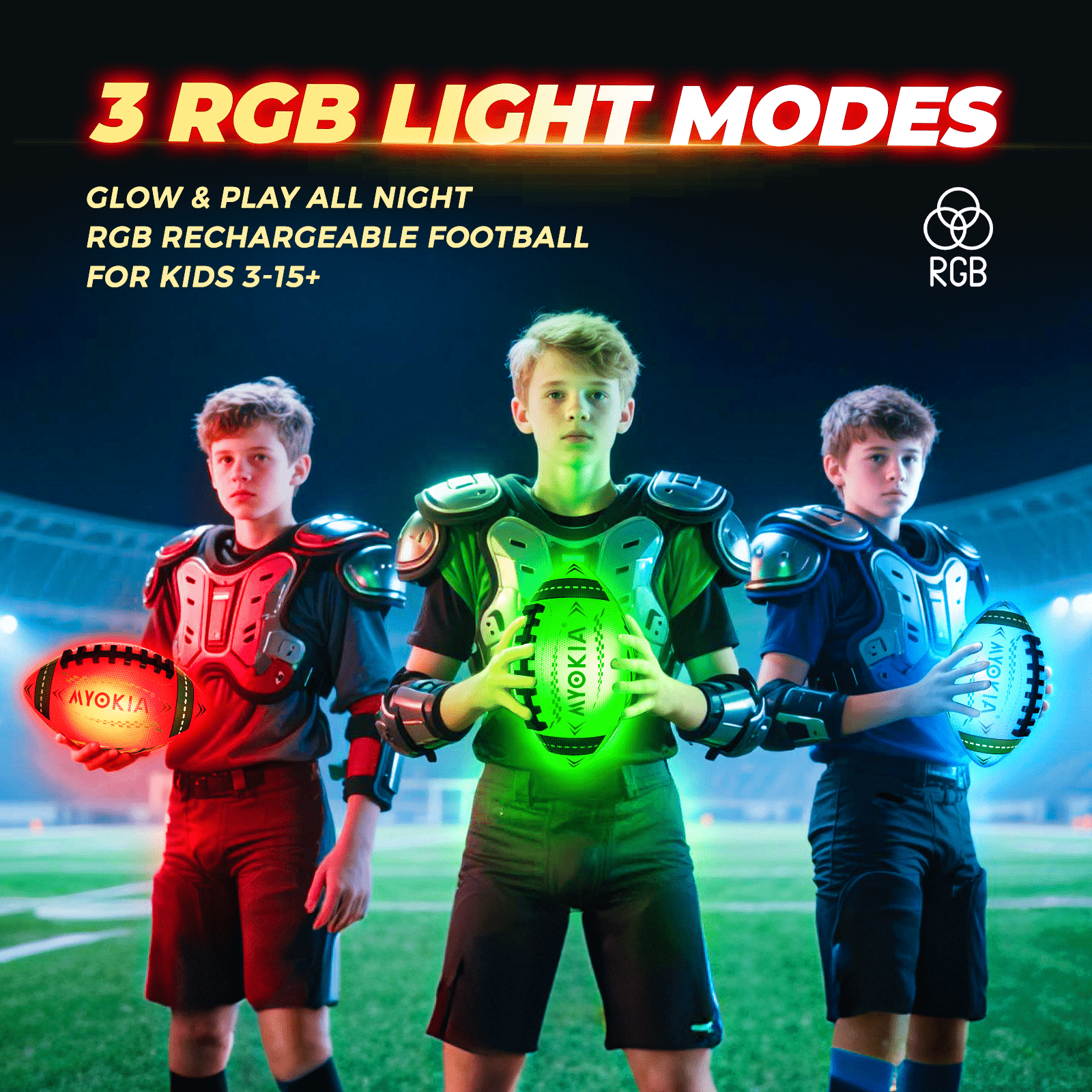 RGB Rechargeable Light Up Football Birthday Gift, Glow in The Dark Football with Pump & USB Cable, Tri - Color (Red, Green, Blue), Size 6, Outdoor Night Games - Family Watchs