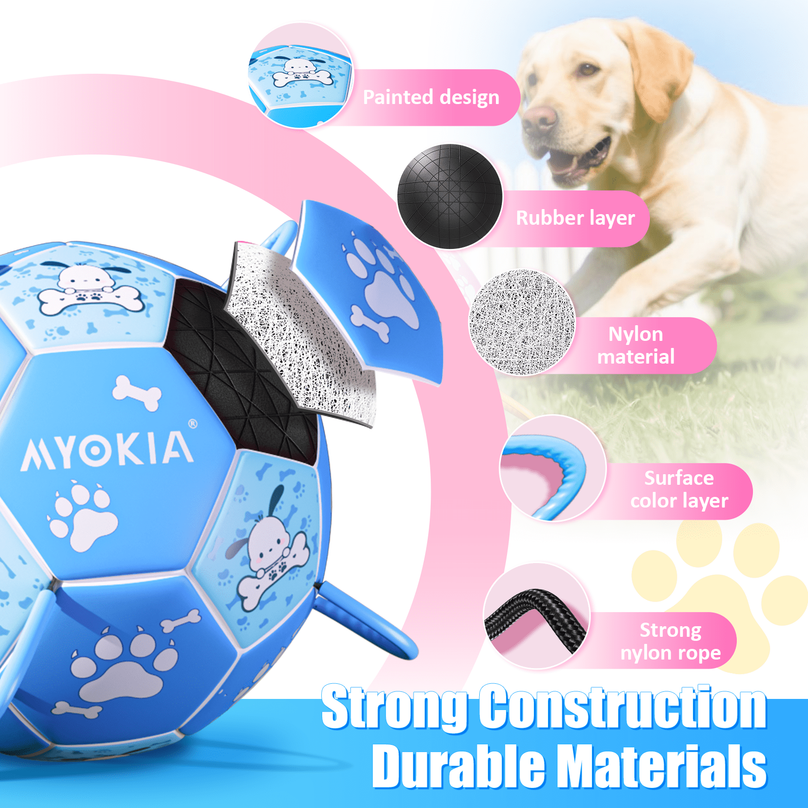 Size 2/Size 3 Dog Soccer Ball with Straps - Durable Training Ball for Pets Interactive Outdoor Dog Toy, for Small to Large Puppies, Pet Supplies (White Blue, Size2) - Family Watchs