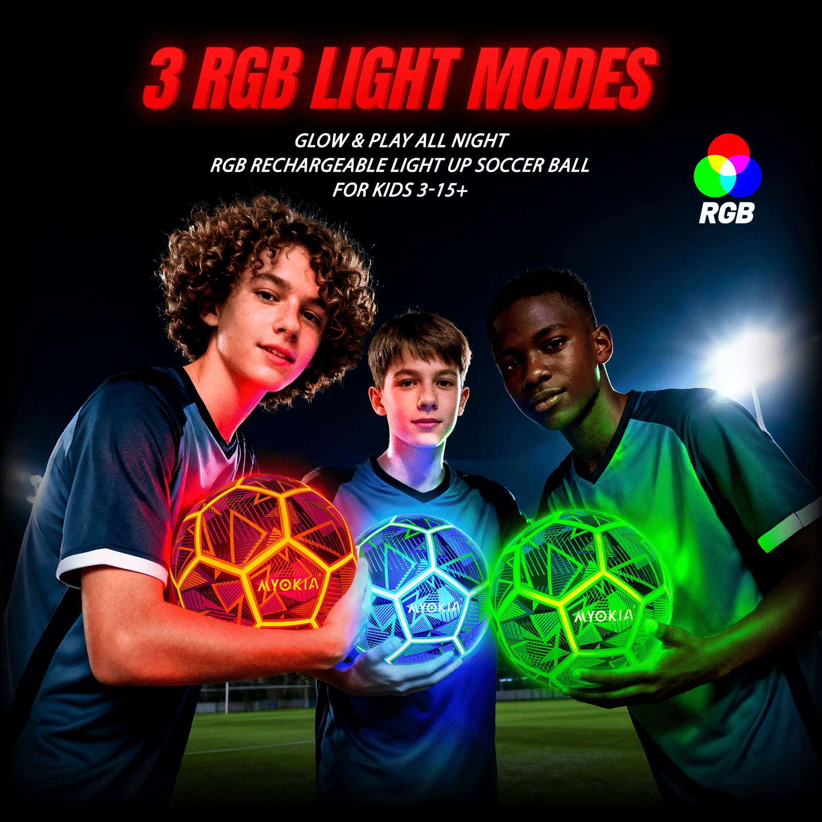 Size 5 Light Up Soccer Ball RGB Rechargeable Glow in Dark for Kids & Teens 3 - 15+, Indoor/Outdoor Night Games Tri - Color (Red, Green, Blue), Includes Pump & USB Cable - Family Watchs