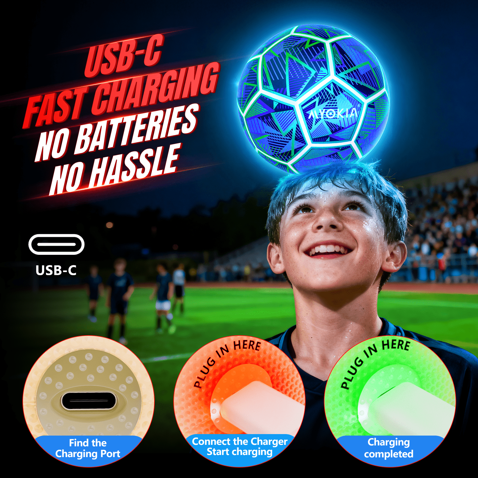 Size 5 Light Up Soccer Ball RGB Rechargeable Glow in Dark for Kids & Teens 3 - 15+, Indoor/Outdoor Night Games Tri - Color (Red, Green, Blue), Includes Pump & USB Cable - Family Watchs